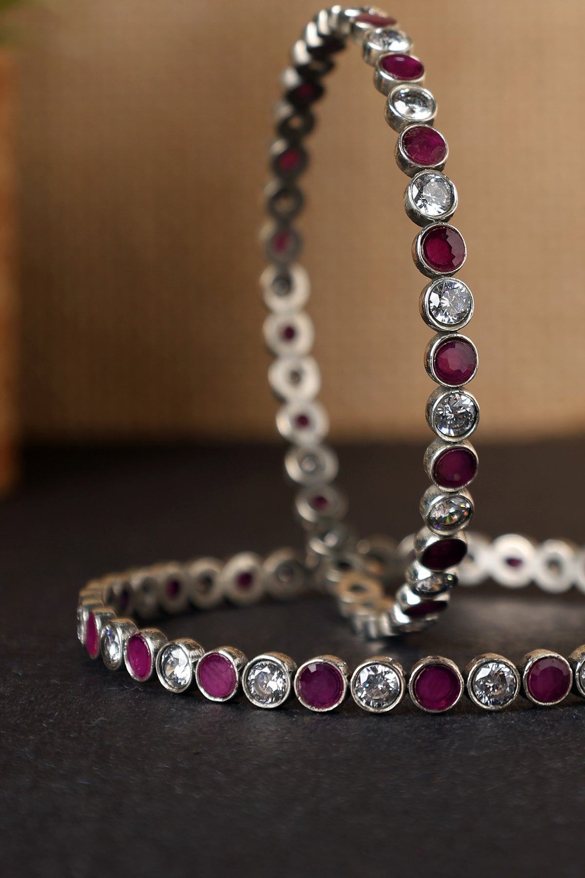 White Finish Ruby & CZ Temple Bangles In Sterling Silver (Set Of 2)