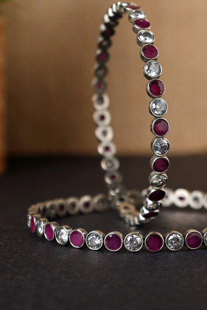 White Finish Ruby & CZ Temple Bangles In Sterling Silver (Set Of 2)