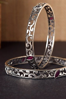 White Finish Red Onyx Temple Bangles In Sterling Silver (Set Of 2)