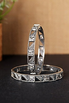 White Finish CZ Temple Floral Bangles In Sterling Silver (Set Of 2)