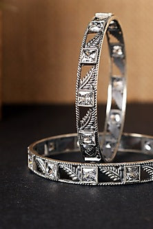 White Finish CZ Temple Floral Bangles In Sterling Silver (Set Of 2)