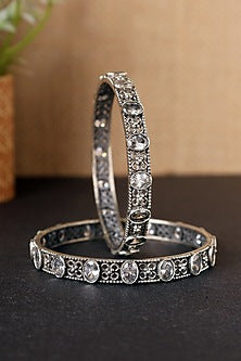 White Finish CZ Temple Bangles In Sterling Silver (Set Of 2)