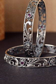 White Finish Pink Onyx Temple Floral Bangles In Sterling Silver (Set Of 2)