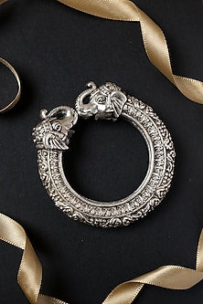 White Finish Vintage Temple Elephant Kada In Sterling Silver