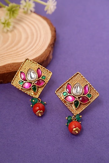 Gold Plated Kundan Polki Temple Lotus Dangler Earrings In Sterling Silver