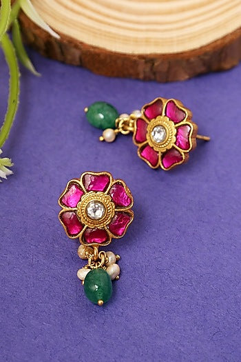Gold Plated Kundan Polki Temple Floral Dangler Earrings In Sterling Silver