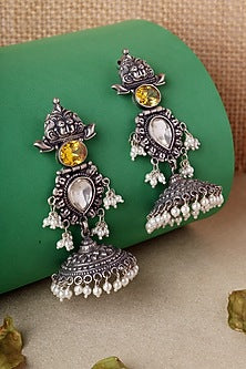 White Finish Yellow Kempstone & Pearl Temple Jhumka Earrings In Sterling Silver