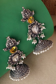 White Finish Yellow Kempstone & Pearl Temple Jhumka Earrings In Sterling Silver