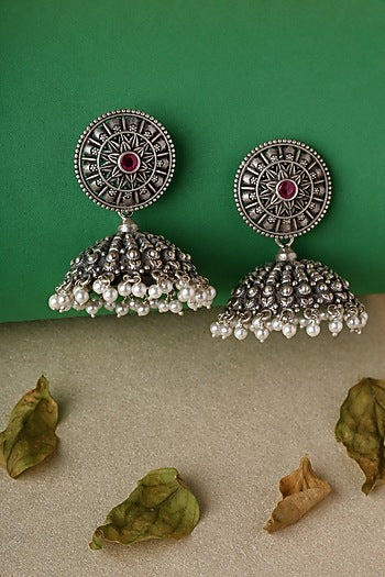 White Finish Pink Kempstone Temple Dangler Earrings In Sterling Silver