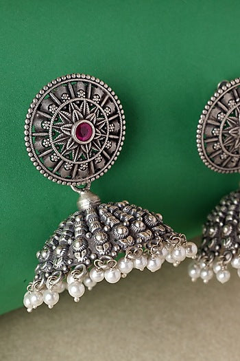 White Finish Pink Kempstone Temple Dangler Earrings In Sterling Silver