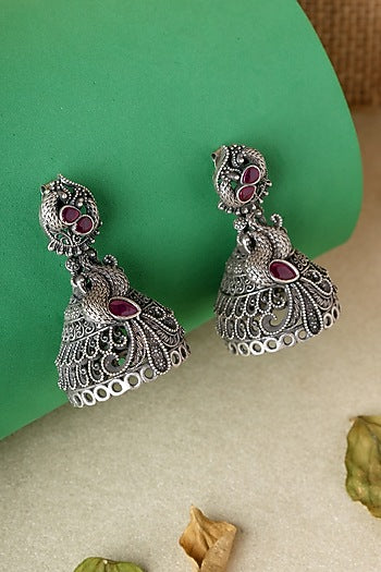 White Finish Pink Kempstone Temple Jhumka Earrings In Sterling Silver