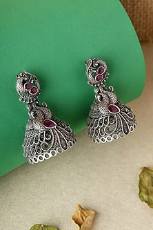 White Finish Pink Kempstone Temple Jhumka Earrings In Sterling Silver