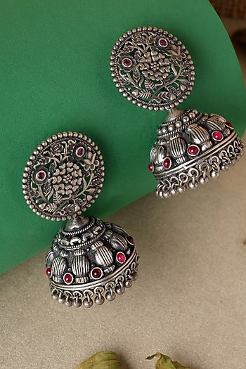 White Finish Pink Kempstone Floral Temple Jhumka Earrings In Sterling Silver