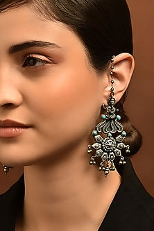 White Finish Turquoise Stone Tribal Dangler Earrings In Sterling Silver