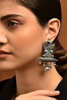 White Finish Turquoise Stone Tribal Dangler Earrings In Sterling Silver