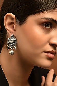 White Finish Tribal Dangler Earrings In Sterling Silver