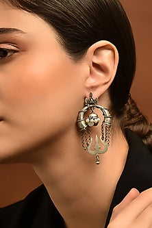 White Finish Tribal Dangler Earrings In Sterling Silver