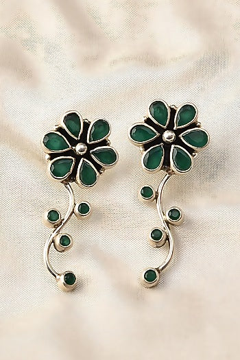 White Finish Green Onyx Tribal Dangler Earrings In Sterling Silver