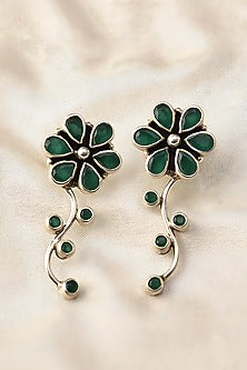 White Finish Green Onyx Tribal Dangler Earrings In Sterling Silver