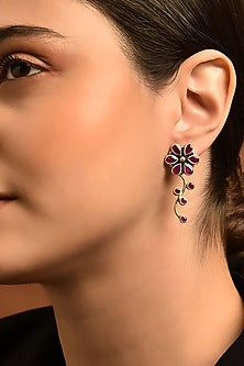 White Finish Maroon Stone Tribal Dangler Earrings In Sterling Silver