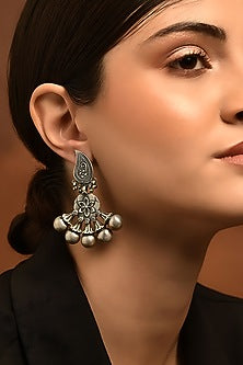 White Finish Tribal Dangler Earrings In Sterling Silver