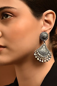 White Finish Tribal Dangler Earrings In Sterling Silver