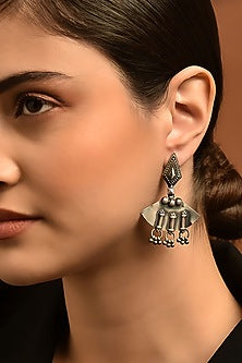 White Finish Tribal Dangler Earrings In Sterling Silver