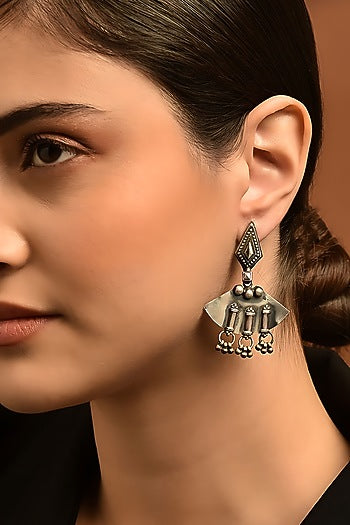 White Finish Tribal Dangler Earrings In Sterling Silver