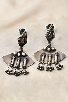 White Finish Tribal Dangler Earrings In Sterling Silver