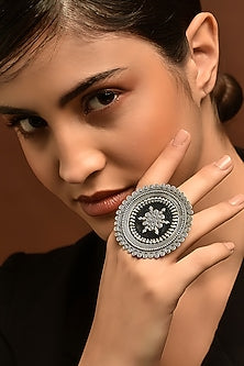 White Finish Temple Tribal Ring In Sterling Silver