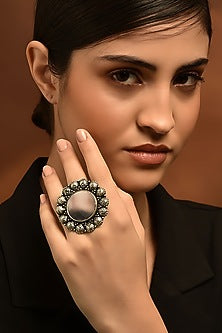 White Finish Temple Tribal Ring In Sterling Silver