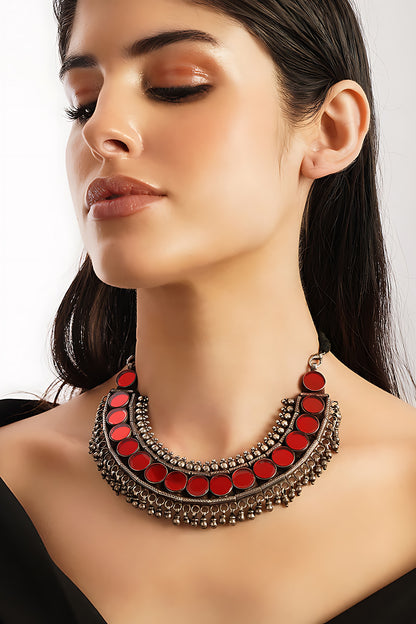 White Finish Red Glass Temple Tribal Necklace In Sterling Silver