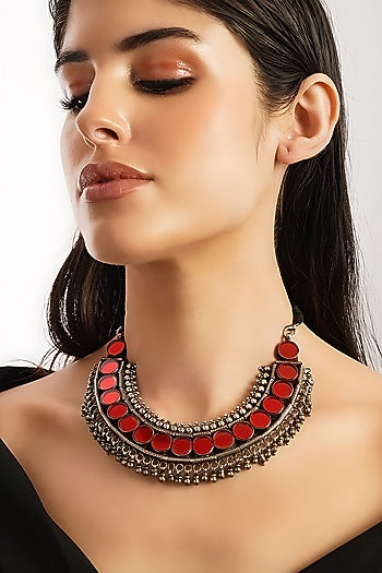 White Finish Red Glass Temple Tribal Necklace In Sterling Silver