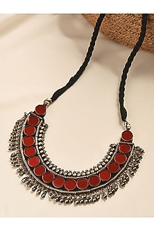 White Finish Red Glass Temple Tribal Necklace In Sterling Silver
