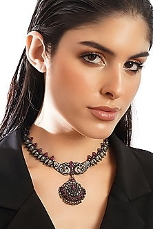 White Finish Red Kemp Stone Temple Tribal Necklace In Sterling Silver
