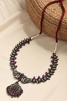 White Finish Red Kemp Stone Temple Tribal Necklace In Sterling Silver