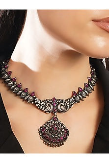 White Finish Red Kemp Stone Temple Tribal Necklace In Sterling Silver