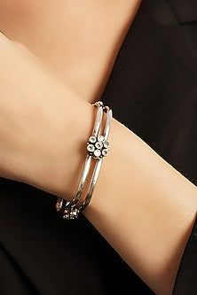 White Finish Cubic Zirconia Temple Tribal Bangle In Sterling Silver