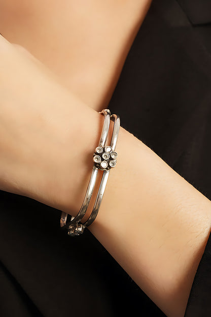 White Finish Cubic Zirconia Temple Tribal Bangle In Sterling Silver