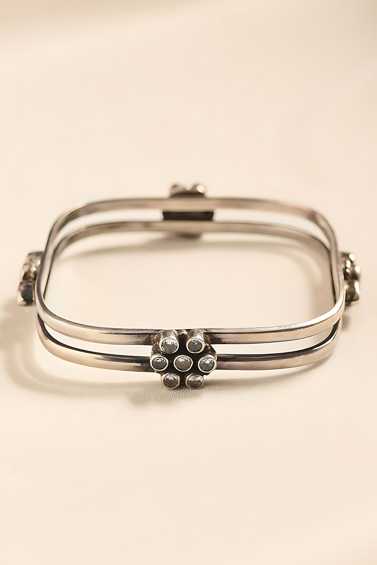White Finish Cubic Zirconia Temple Tribal Bangle In Sterling Silver