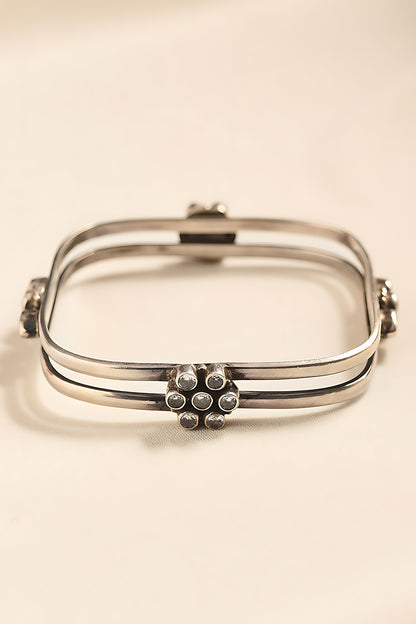 White Finish Cubic Zirconia Temple Tribal Bangle In Sterling Silver