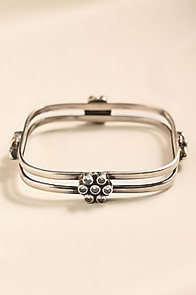 White Finish Cubic Zirconia Temple Tribal Bangle In Sterling Silver