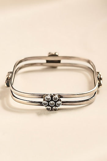 White Finish Cubic Zirconia Temple Tribal Bangle In Sterling Silver