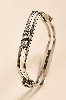 White Finish Cubic Zirconia Temple Tribal Bangle In Sterling Silver