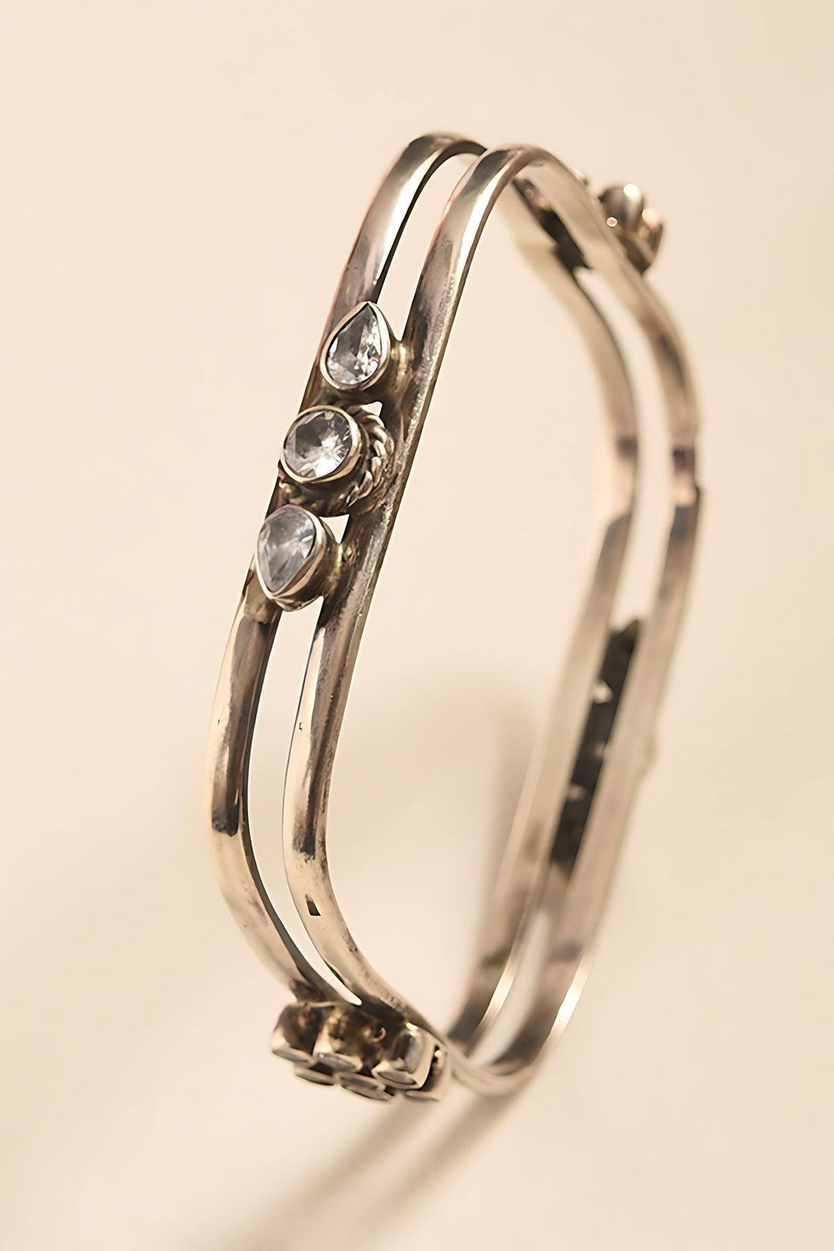 White Finish Cubic Zirconia Temple Tribal Bangle In Sterling Silver