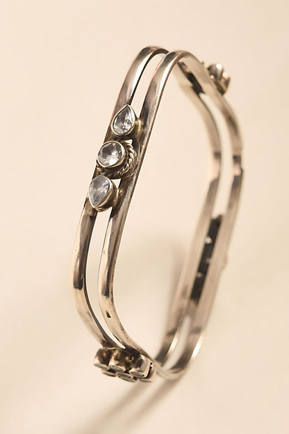 White Finish Cubic Zirconia Temple Tribal Bangle In Sterling Silver