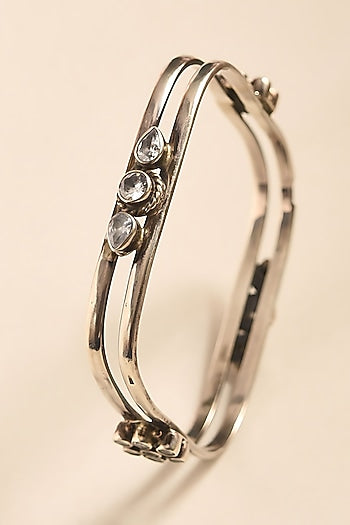 White Finish Cubic Zirconia Temple Tribal Bangle In Sterling Silver