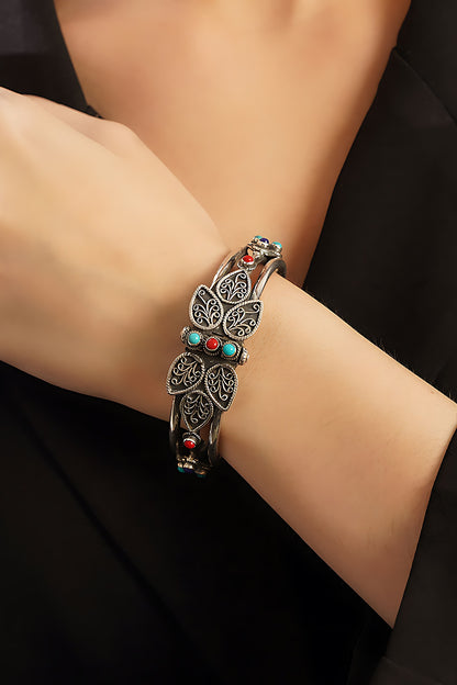 White Finish Coral & Turquoise Stone Temple Tribal Bangle In Sterling Silver
