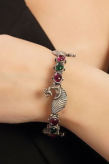 White Finish Red & Green Kemp Stone Temple Tribal Bangle In Sterling Silver