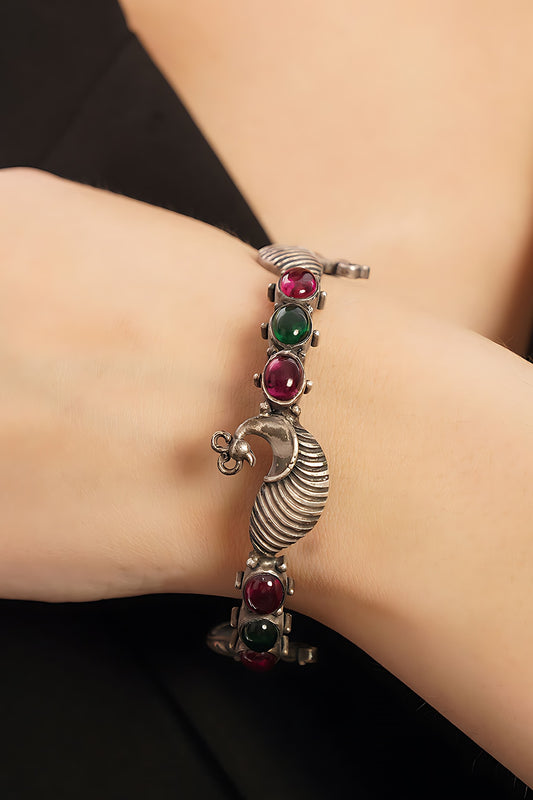 White Finish Red & Green Kemp Stone Temple Tribal Bangle In Sterling Silver